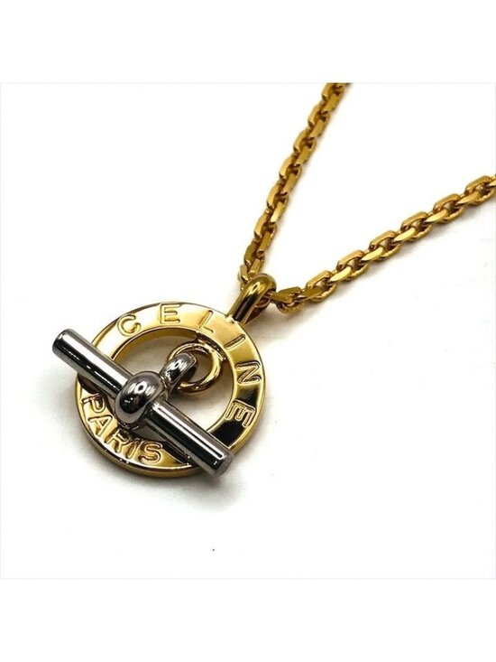 Celine Gold Plated Vintage Logo Circle Pendant Necklace Gold Celine Circle Logo Necklace Gold